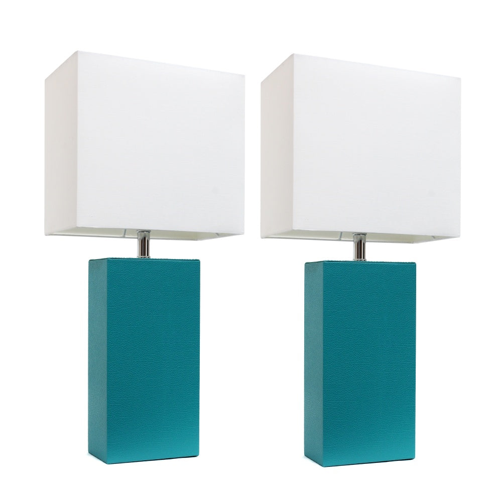 Elegant Designs Modern Leather Table Lamps, 21inH, White Shade/Teal Base, Set Of 2 Lamps