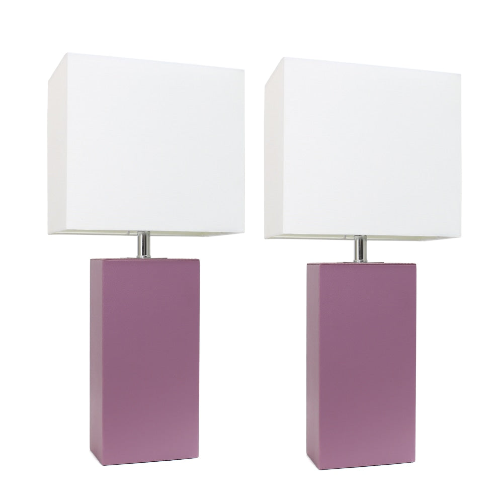 Elegant Designs Modern Leather Table Lamps, 21inH, White/Purple, Set Of 2 Lamps