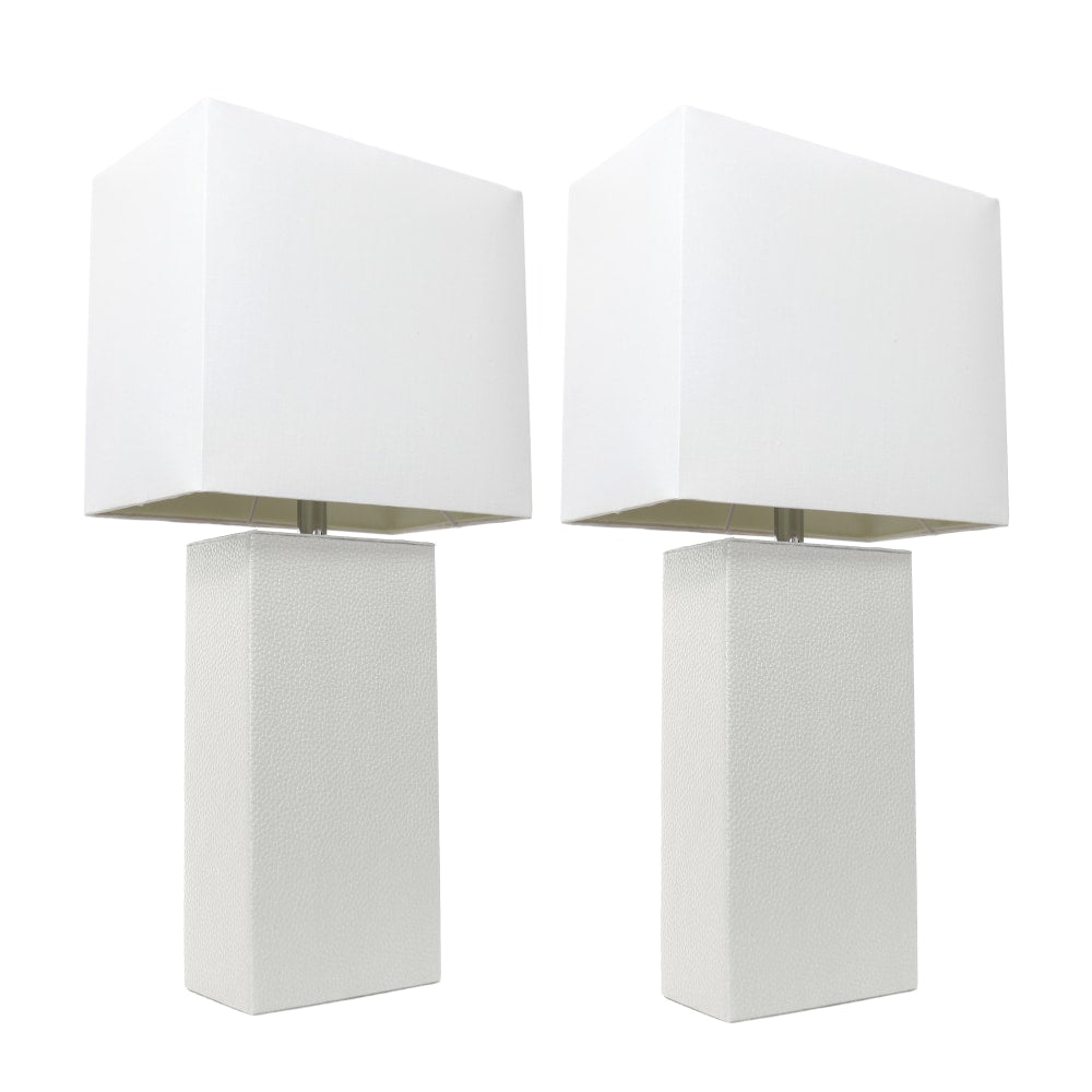 Elegant Designs Modern Leather Table Lamps, 21inH, White Shade/White Base, Set Of 2 Lamps