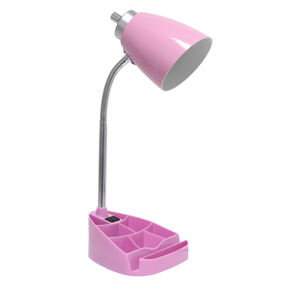 LimeLights Gooseneck Organizer Desk Lamp With Tablet Stand And Charging Outlet, Adjustable Height, Pink Shade/Pink Base