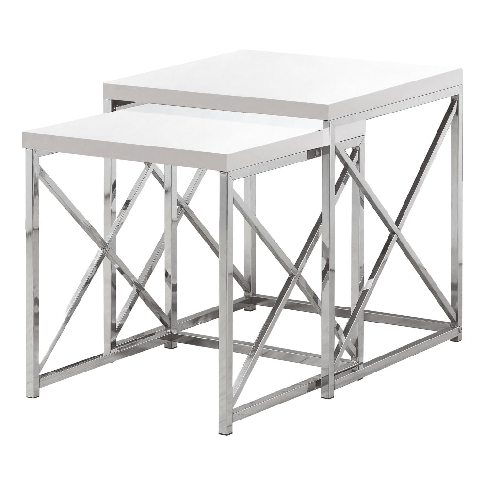 Monarch Specialties Mila Nesting Tables, 21-1/4inH x 19-3/4inW x 19-3/4inD, Glossy White/Chrome, Set Of 2 Tables