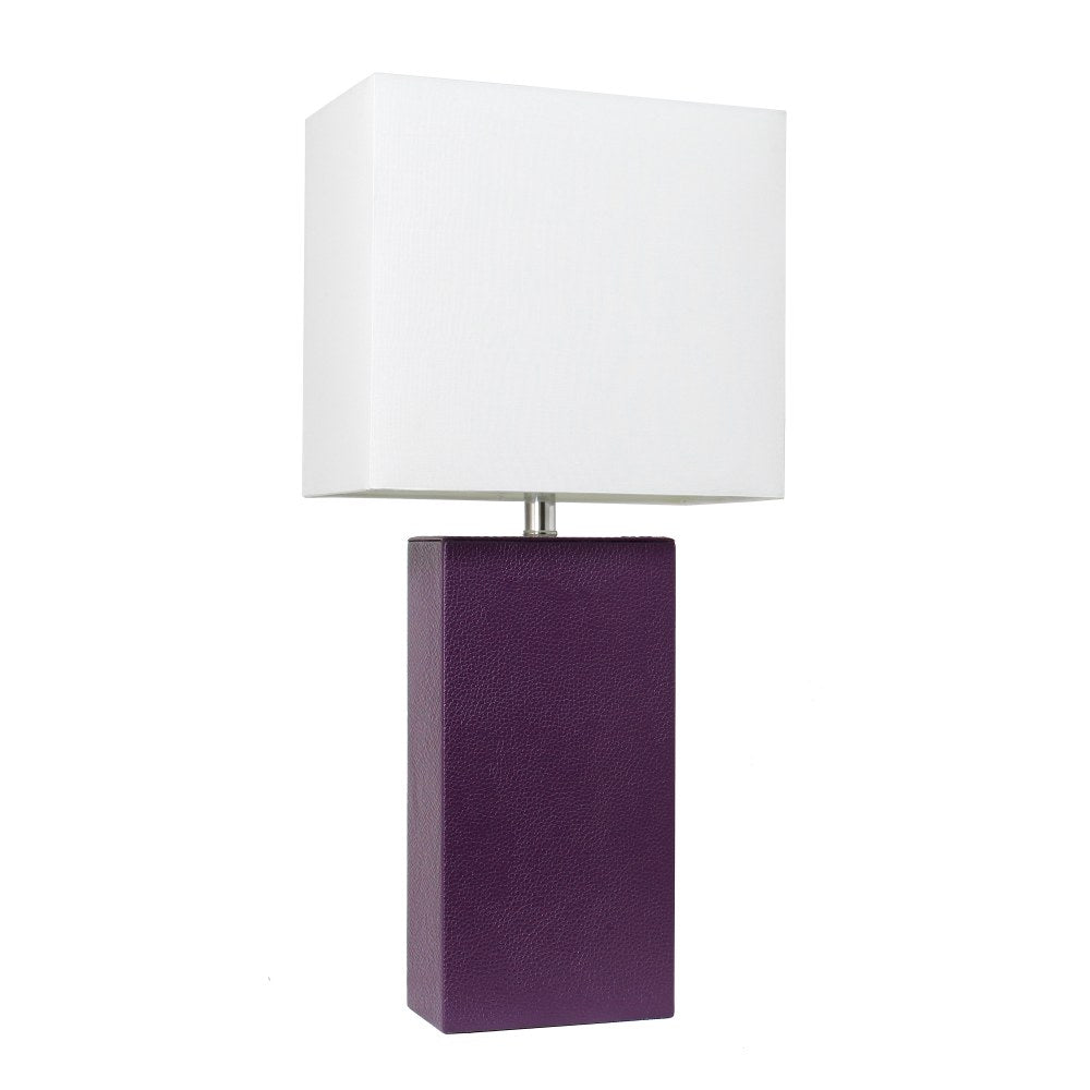 Elegant Designs Modern Leather Table Lamp, 21inH, White/Eggplant