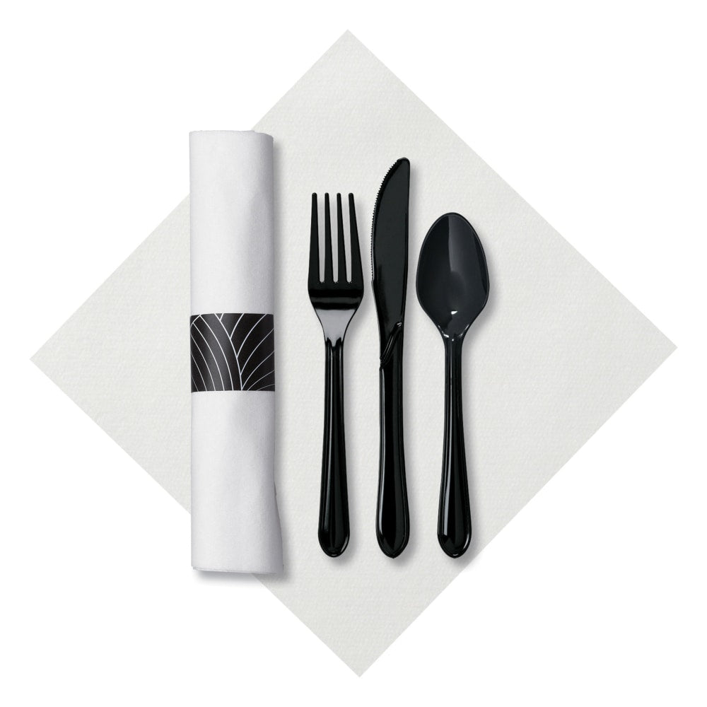 CaterWrap Pre-Rolled Cutlery, Mystic Linen-Like Napkin, Black/White, Case Of 200 Rolls