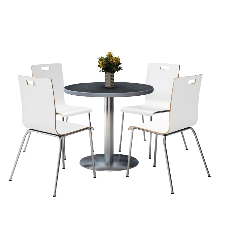 KFI Studios Jive Round Pedestal Table With 4 Stacking Chairs, 29inH x 36inW x 36inD, White/Graphite Nebula
