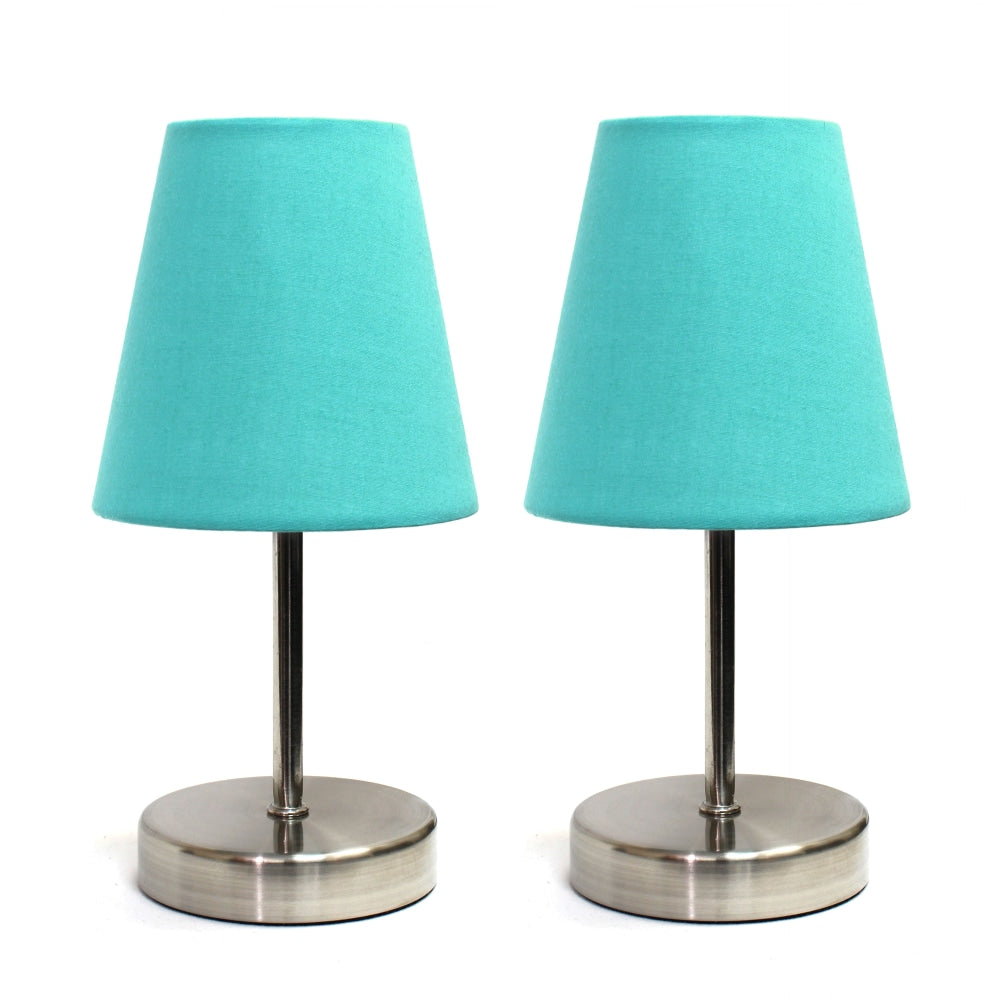 Simple Designs Sand Nickel Mini Basic Table Lamp Set with Blue Fabric Shades