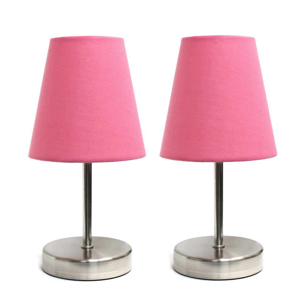 Simple Designs Sand Nickel Mini Basic Table Lamp Set with Pink Fabric Shades