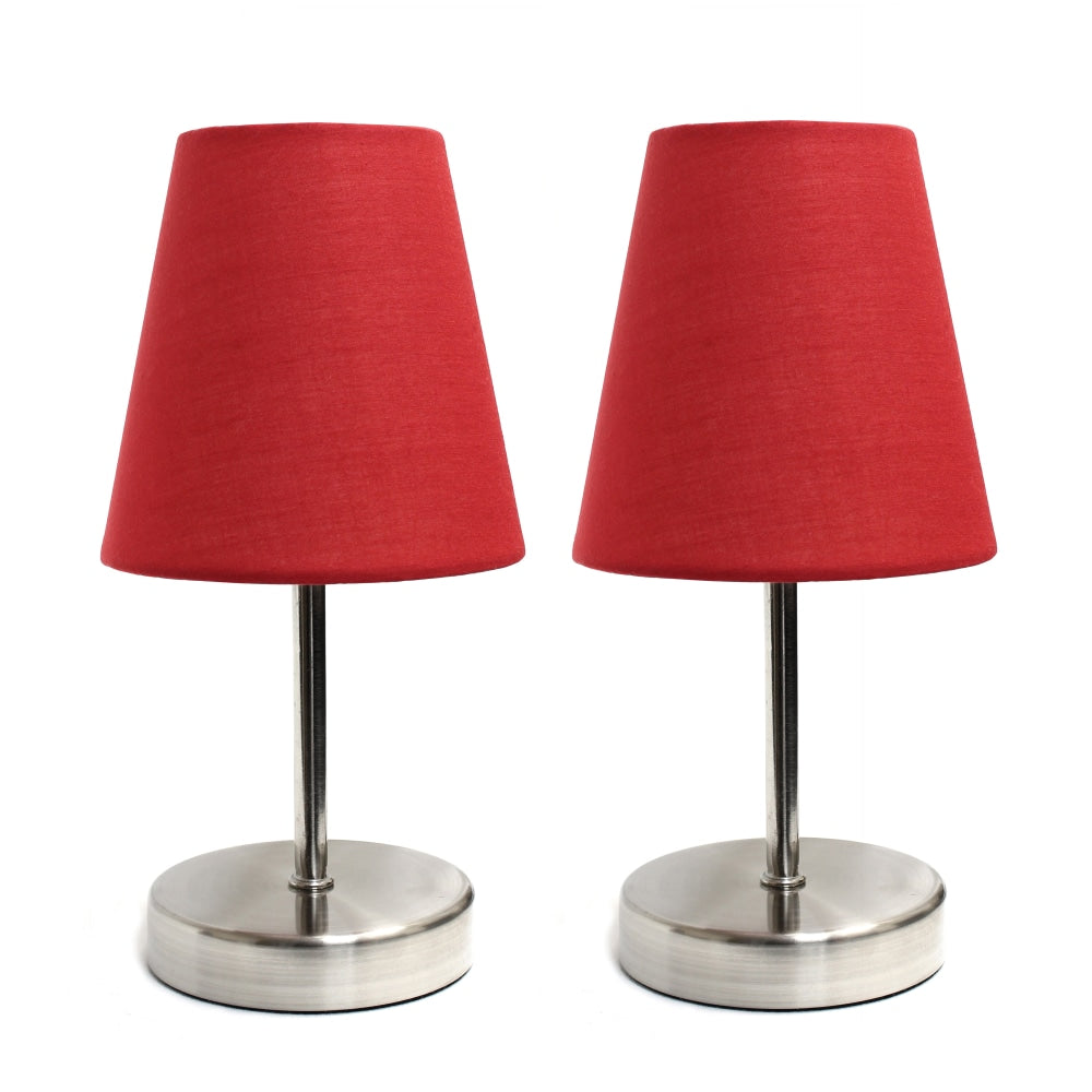 Simple Designs Sand Nickel Mini Basic Table Lamp Set with Red Fabric Shades