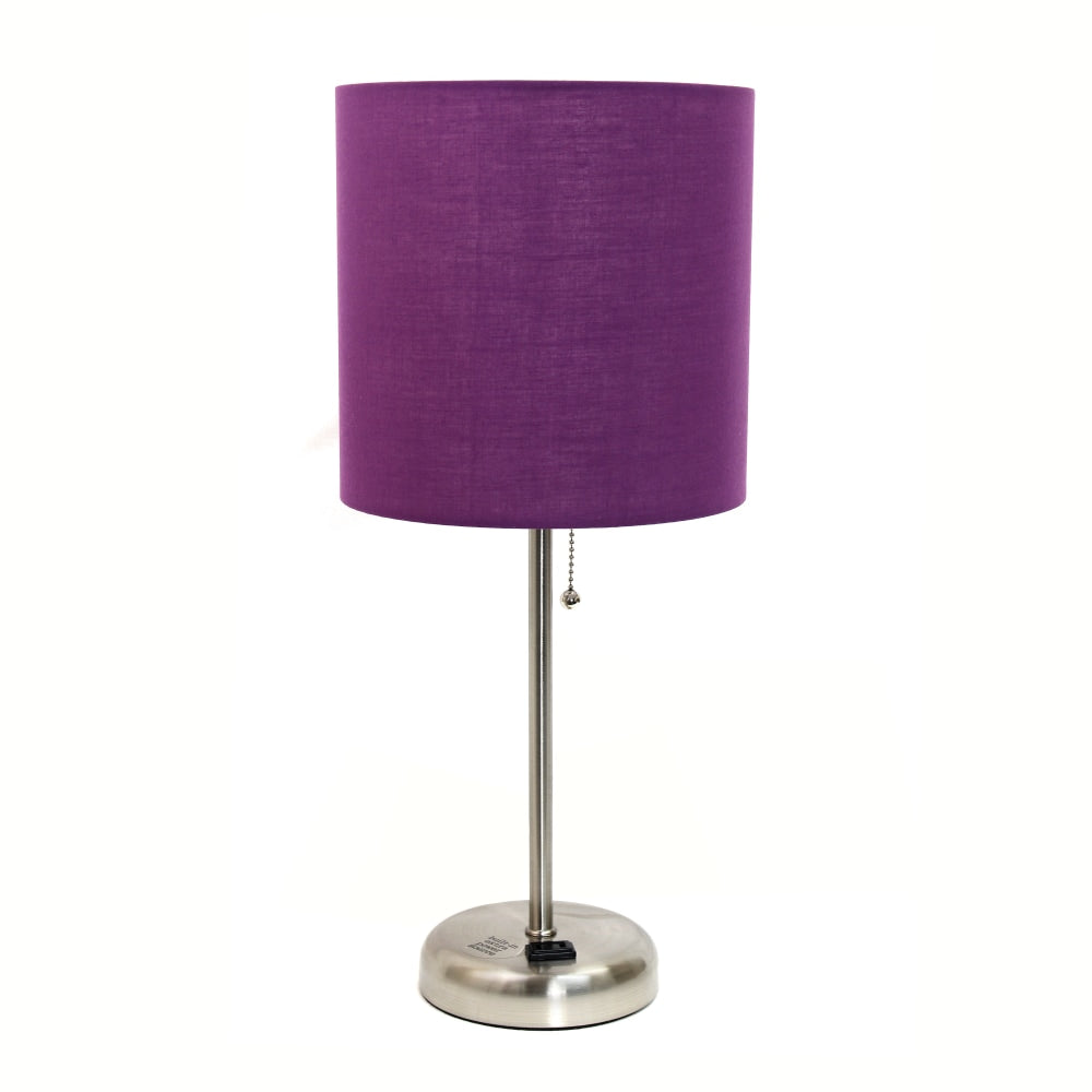 LimeLights Brushed Steel Stick Lamp with Charging Outlet and Purple Fabric Shade