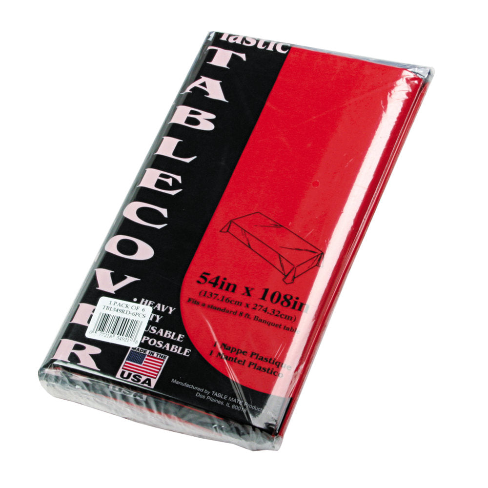 Tablemate Plastic Rectangular Table Covers, 54in x 108in, Red, Pack Of 6