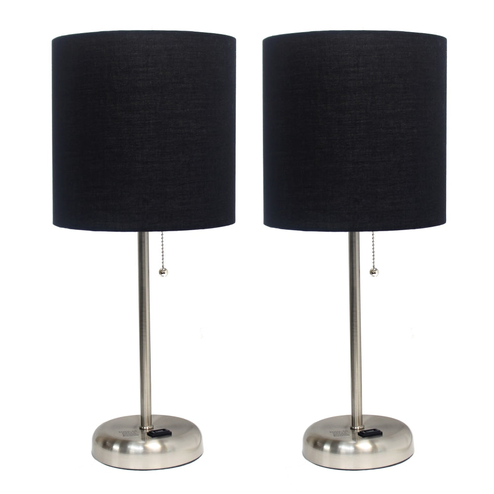 LimeLights Brushed Steel Stick Lamp with Charging Outlet and Black Fabric Shade 2 Pack Set