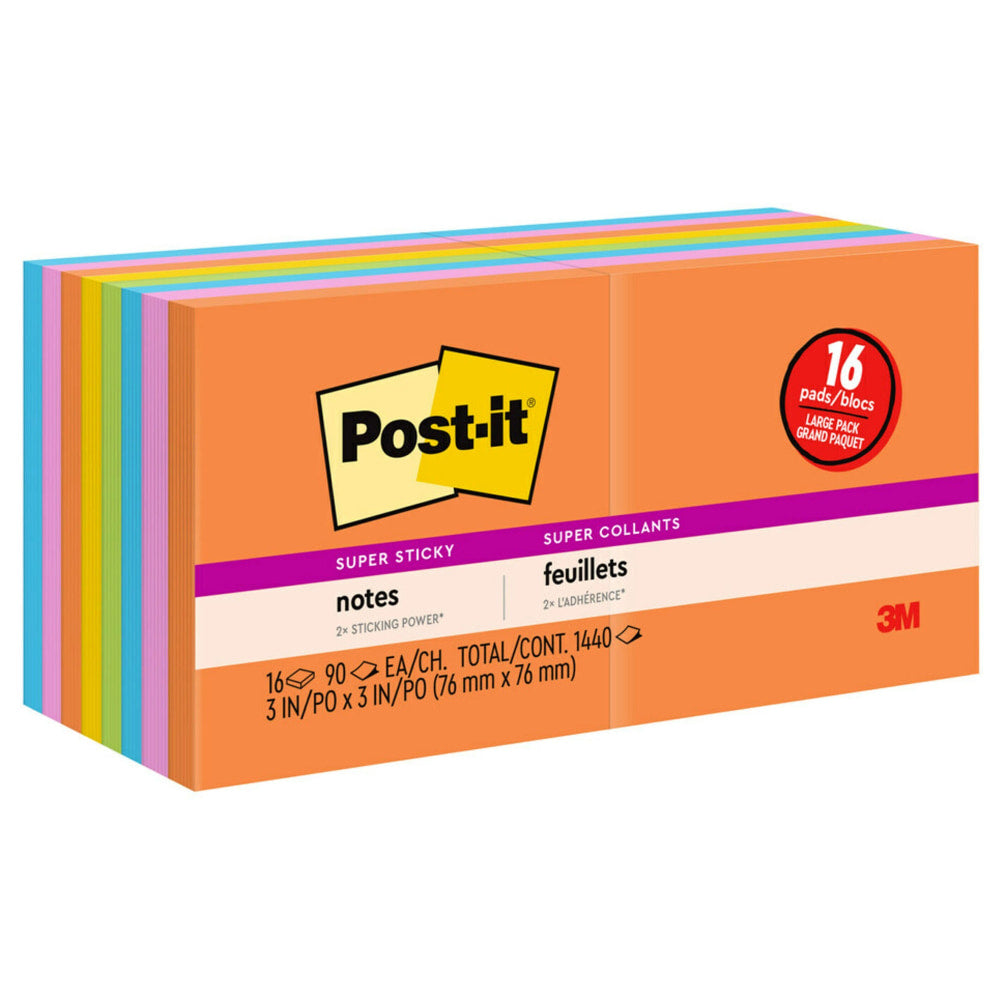 Post-it Super Sticky Notes, 3 in x 3 in, 16 Pads, 90 Sheets/Pad, 2x the Sticking Power, Energy Boost Collection