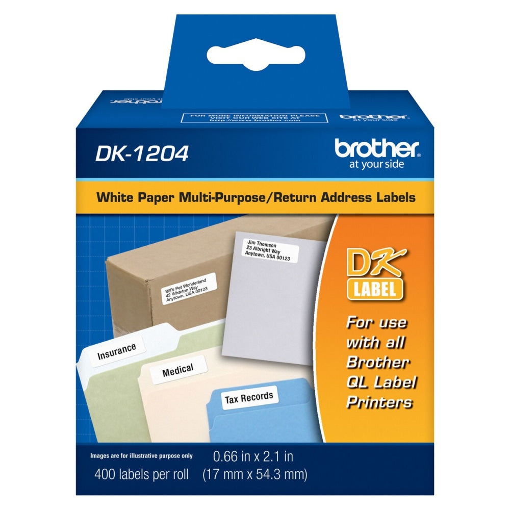 Brother DK-1204 Black-On-White Labels, 0.67in x 2.13in, Roll Of 400