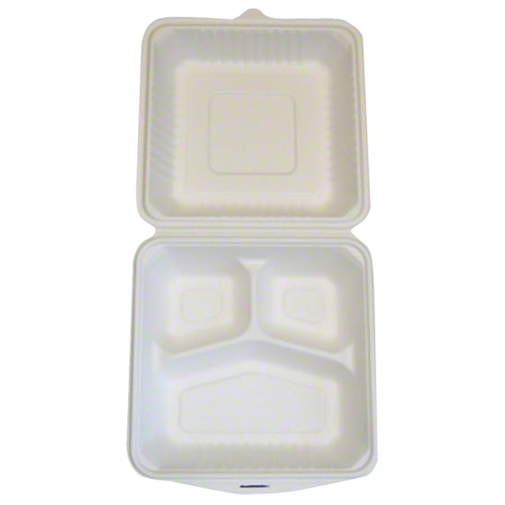 3-Section Hinged-Paper Food Containers, 8in x 8in, Carton Of 200