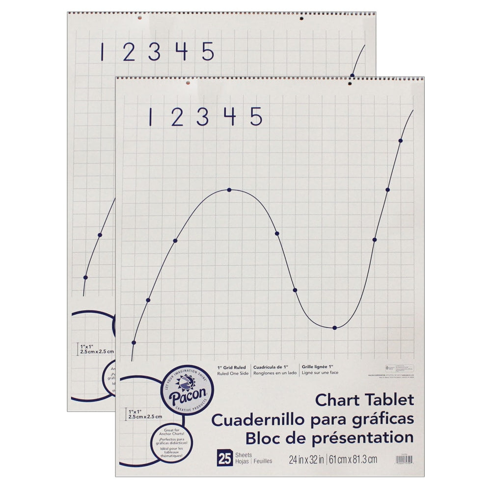 Pacon Grid-Ruled Chart Tablets, Spiral Bound, 24in x 32in, 1in Grid, 25 Sheets, White, Pack Of 2 Tablets