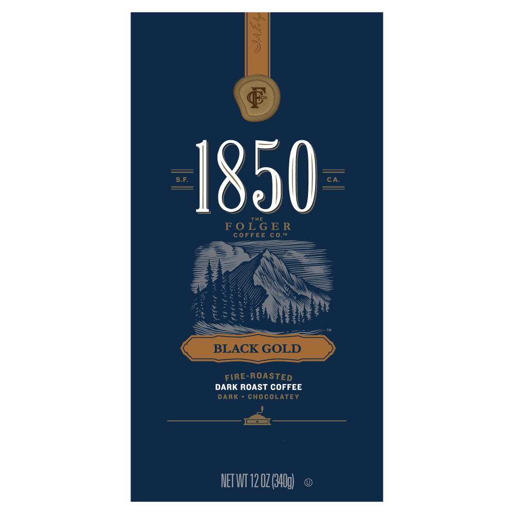 Folgers 1850 Black Gold Ground Coffee, Dark Roast, 12 Oz Per Bag, Carton Of 6 Bags