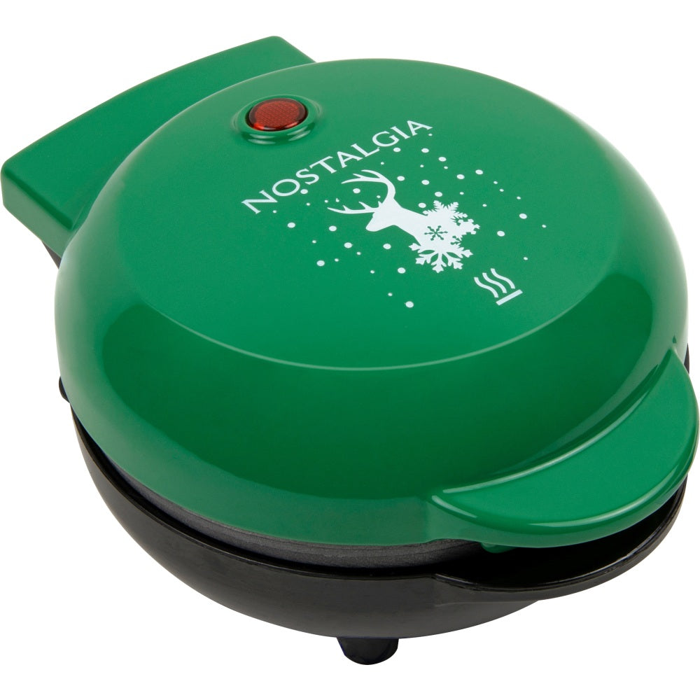 Nostalgia MyMini Personal Electric Waffle Maker, 3-3/4inH x 6-1/2inW x 5-1/4inD, Green Reindeer