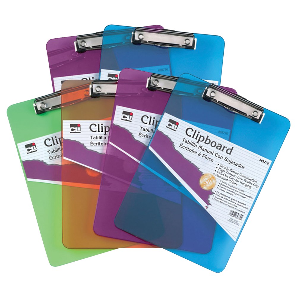 Charles Leonard Transparent Plastic Clipboards, 9in x 12 1/2in, Assorted Colors, Pack Of 6