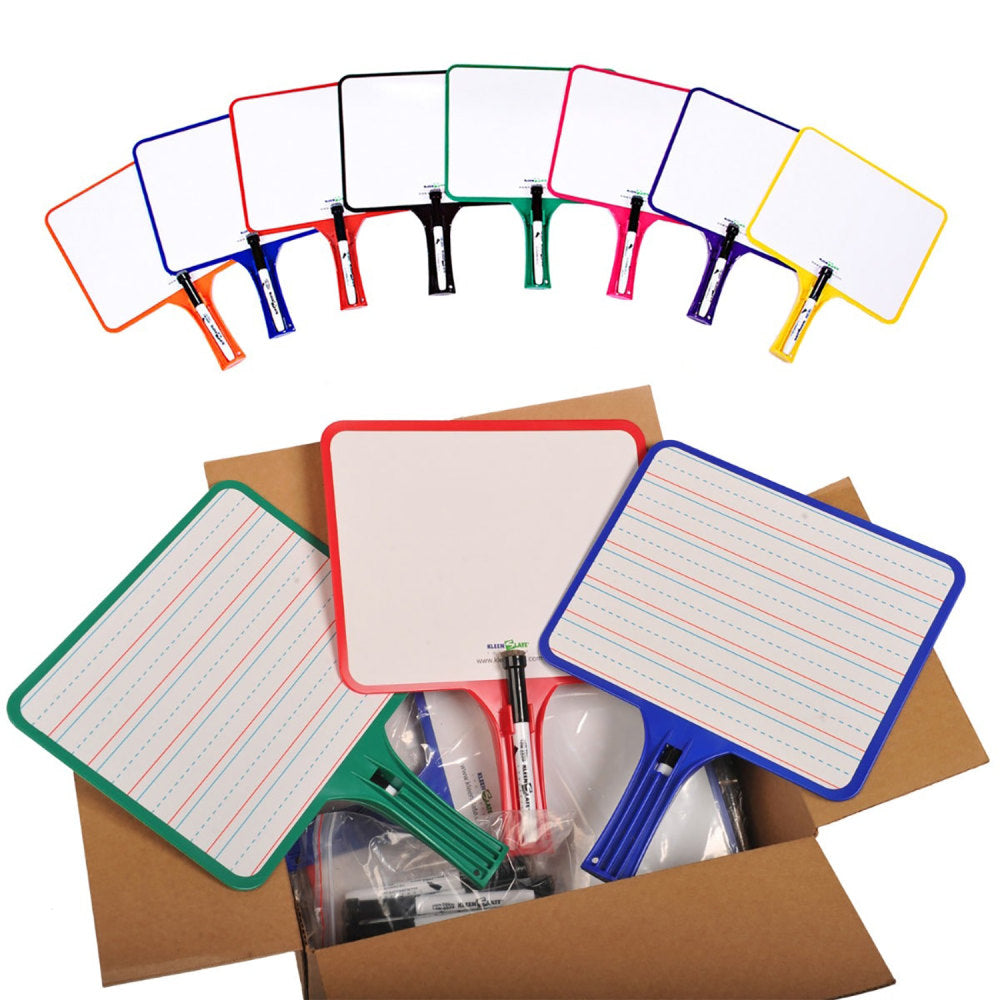 KleenSlate Rectangular Double-Sided Whiteboard Paddles With Markers, 9-1/2in x 7-1/2in, Assorted Colors, Pack Of 24 Paddles