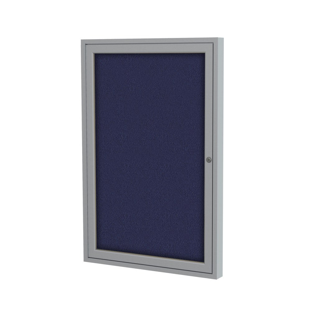 Ghent Traditional Enclosed 1-Door Fabric Bulletin Board, 24in x 18in, Blue, Satin Aluminum Frame