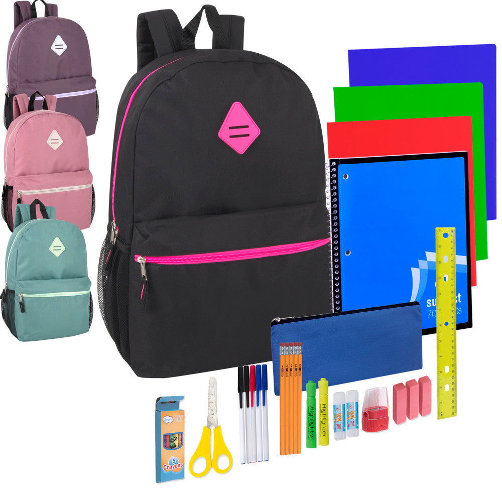 Trailmaker Girls Backpacks With 30-Piece School Supply Kits, Assorted Colors, Pack Of 12 Sets
