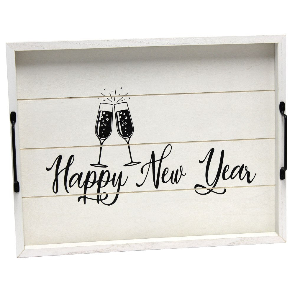 Elegant Designs Decorative Serving Tray, 2-1/4inH x 12inW x 15-1/2inD, Light Gray Wash Happy New Year