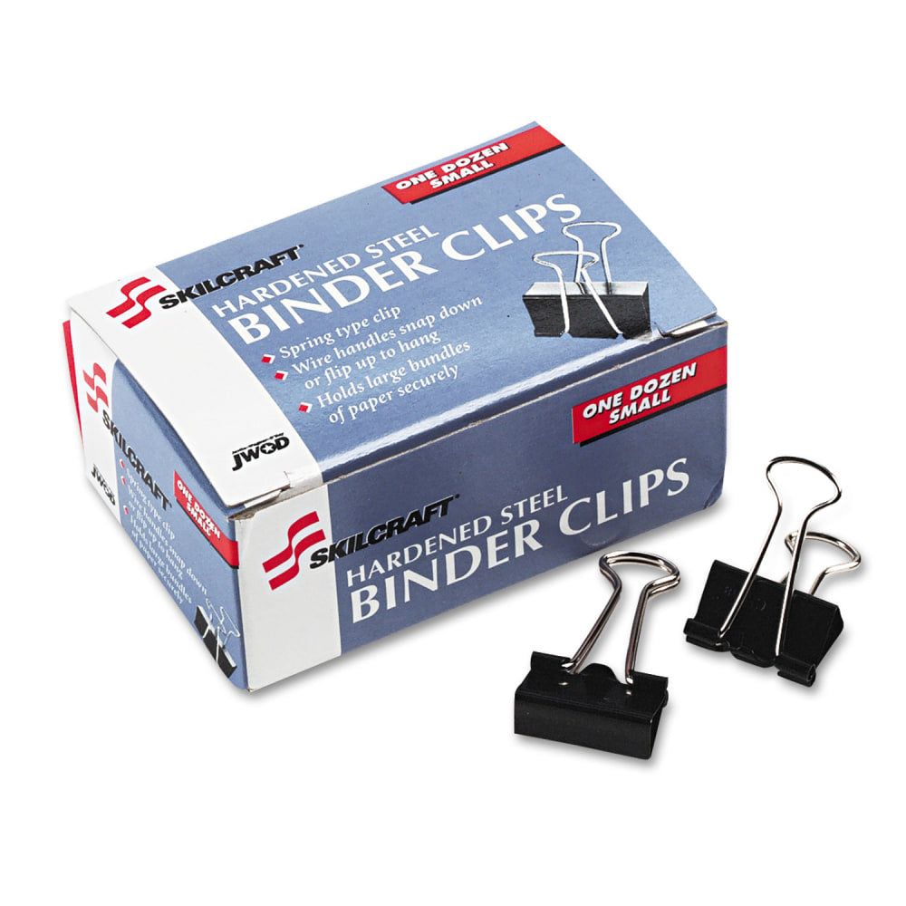 SKILCRAFT Binder Clips, 1/4in, Black/Silver, Box Of 12 (AbilityOne 7510-00-282-8201)