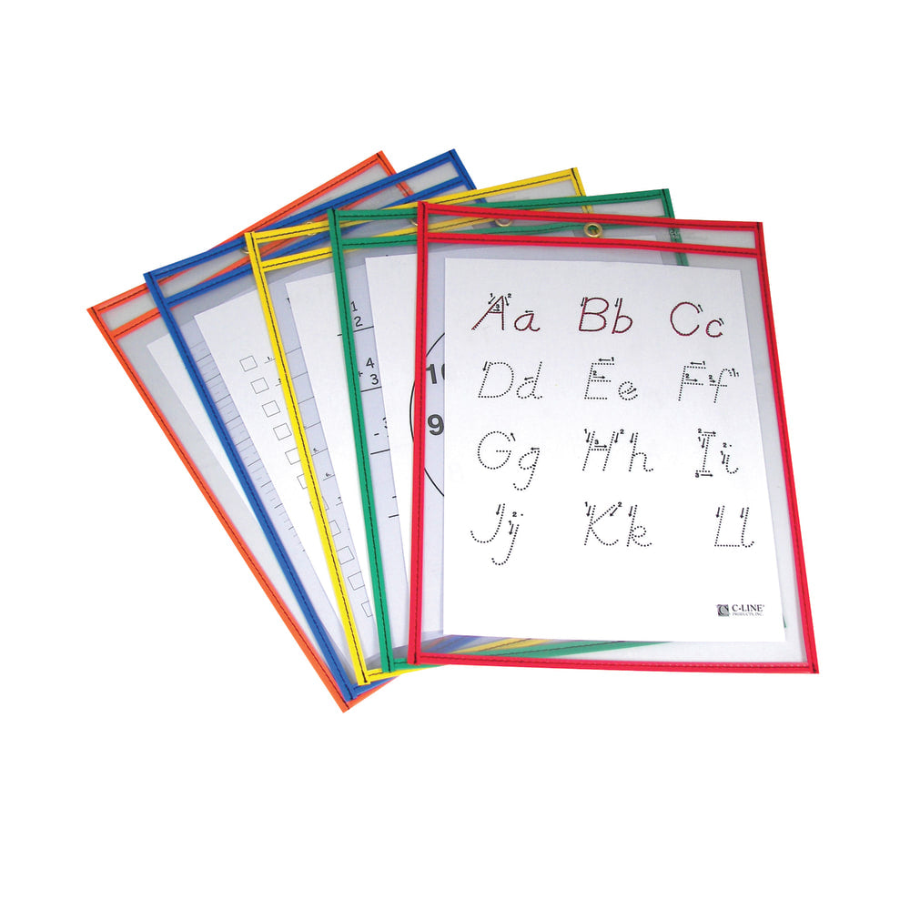 C Line Reusable Dry-Erase Pockets, 9in x 12in, Assorted Primary Colors, Pack Of 5, Set Of 2 Packs