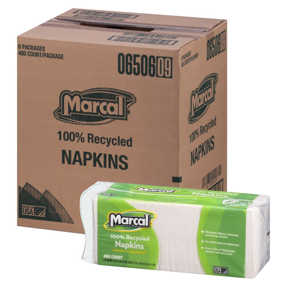 Marcal 1-Ply Luncheon Napkins, 12-1/2inH x 11-1/4inW, 100% Recycled Paper, White, 400 Napkins Per Pack, 6 Packs Per Carton