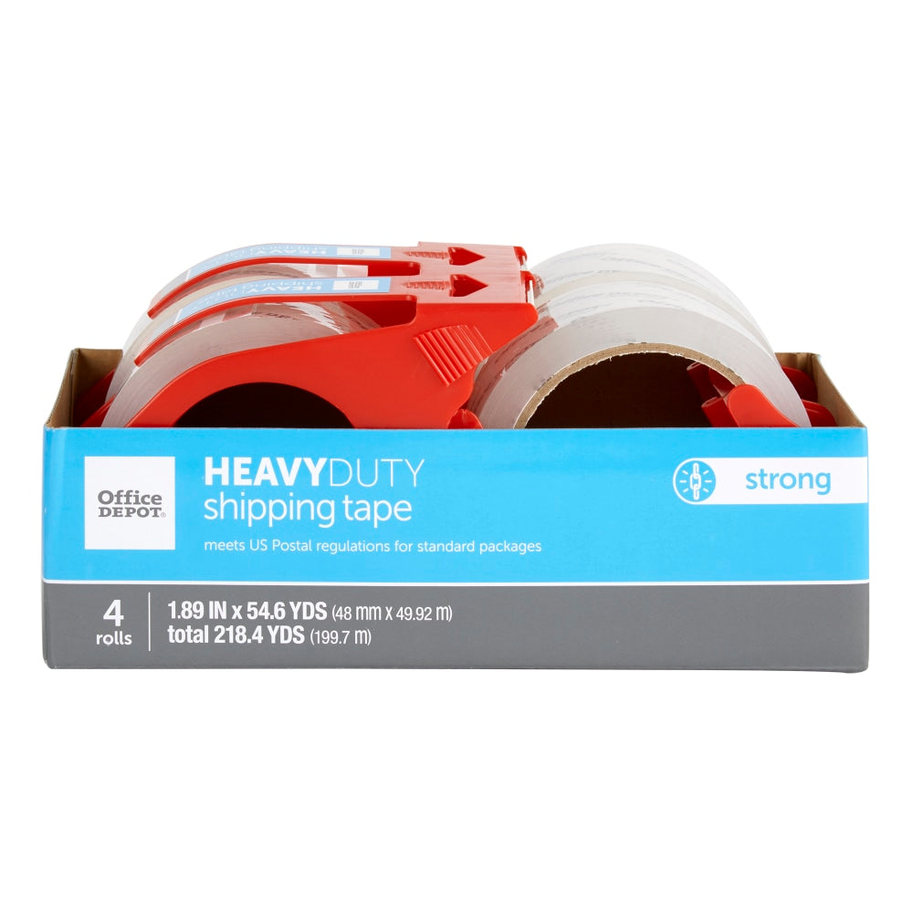 Office Depot Brand Heavy Duty Shipping Packing Tape With Dispenser, 1.89in x 54.6 Yd, Crystal Clear, Pack Of 4 Rolls