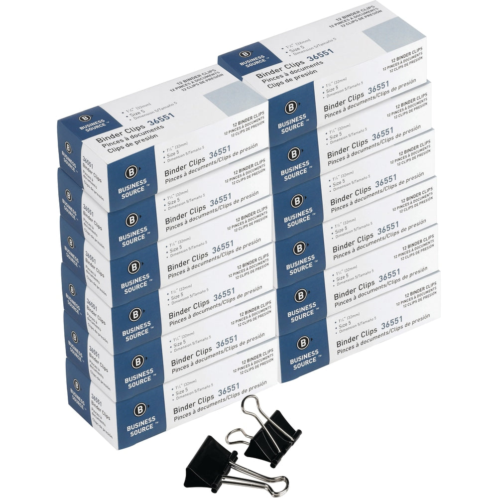 Business Source Fold-Back Binder Clips, Medium, 1-1/4in Wide, 5/8in Capacity, 12 Clips Per Box, Case Of 120 Boxes