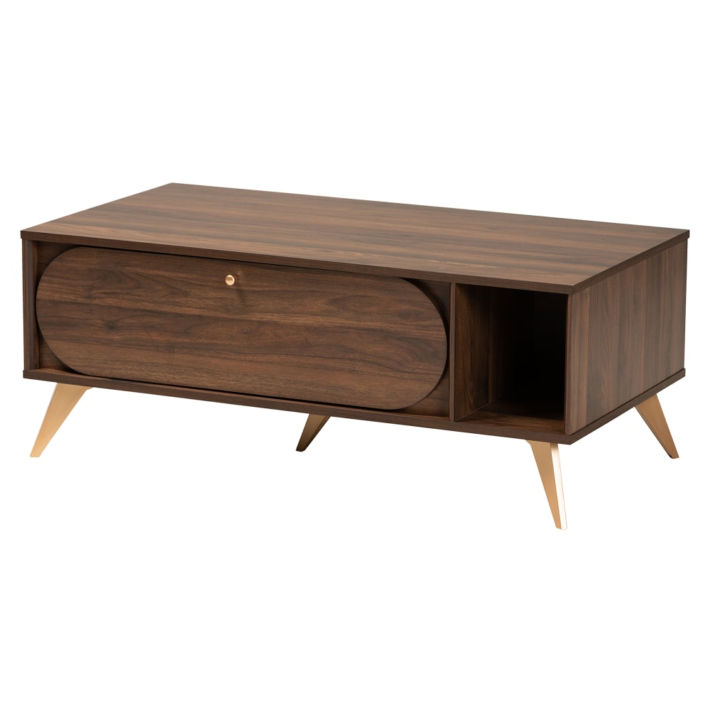 Baxton Studio Mid-Century Modern Coffee Table With Drop-Down Cabinet, 16-1/2inH x 41-5/16inW x 21-3/4inD, Walnut Brown/Gold