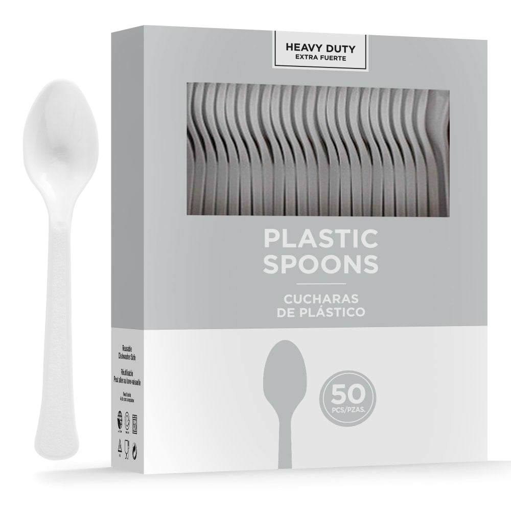 Amscan 8018 Solid Heavyweight Plastic Spoons, Silver, 50 Spoons Per Pack, Case Of 3 Packs