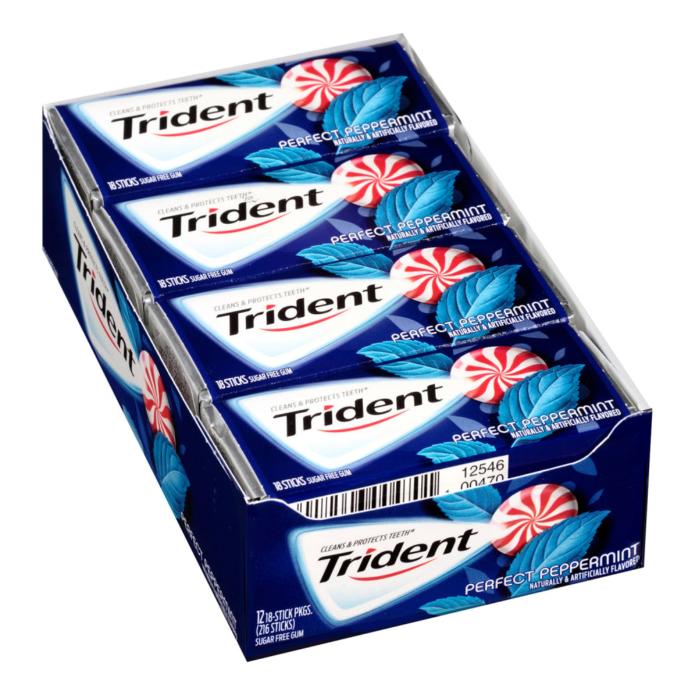 Trident Perfect Peppermint Sugar-Free Gum, 14 Pieces Per Pack, Box Of 12 Packs