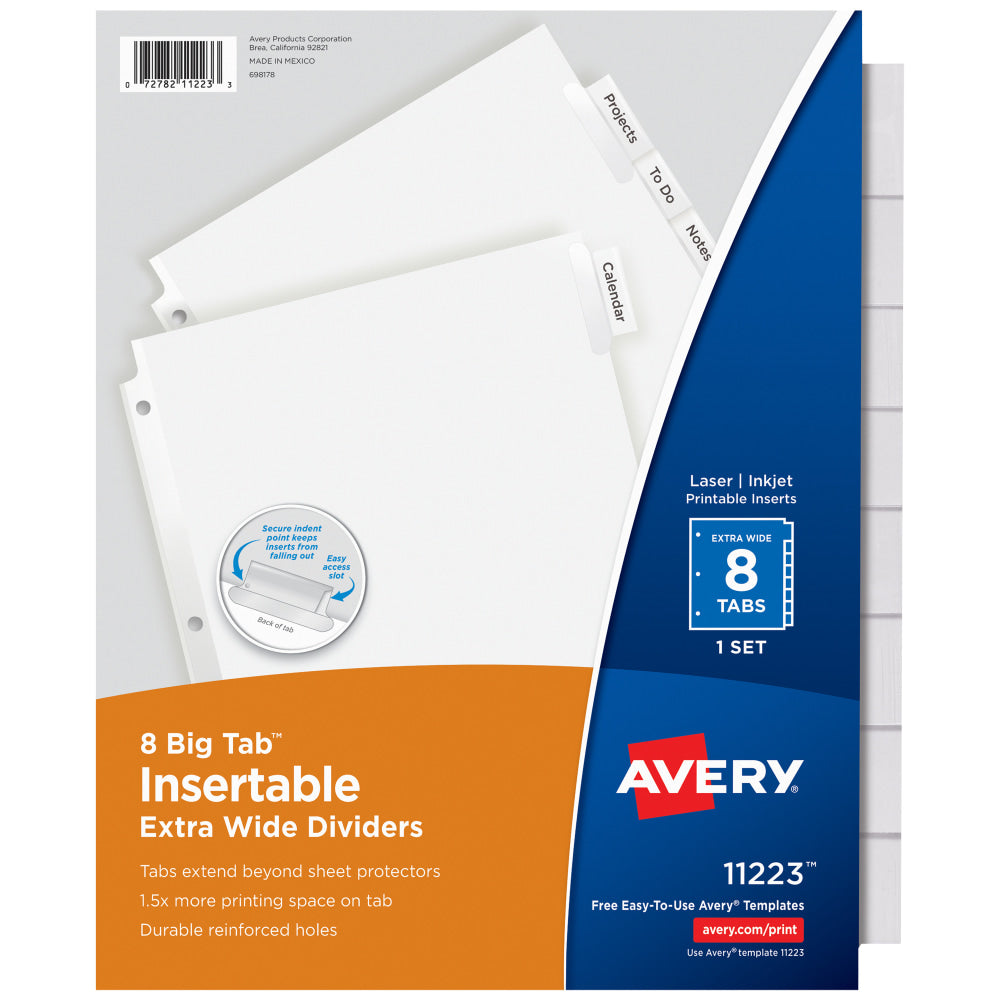 Avery Big Tab Extra-Wide Insertable Dividers, Clear Reinforced, White/Clear, 8-Tab