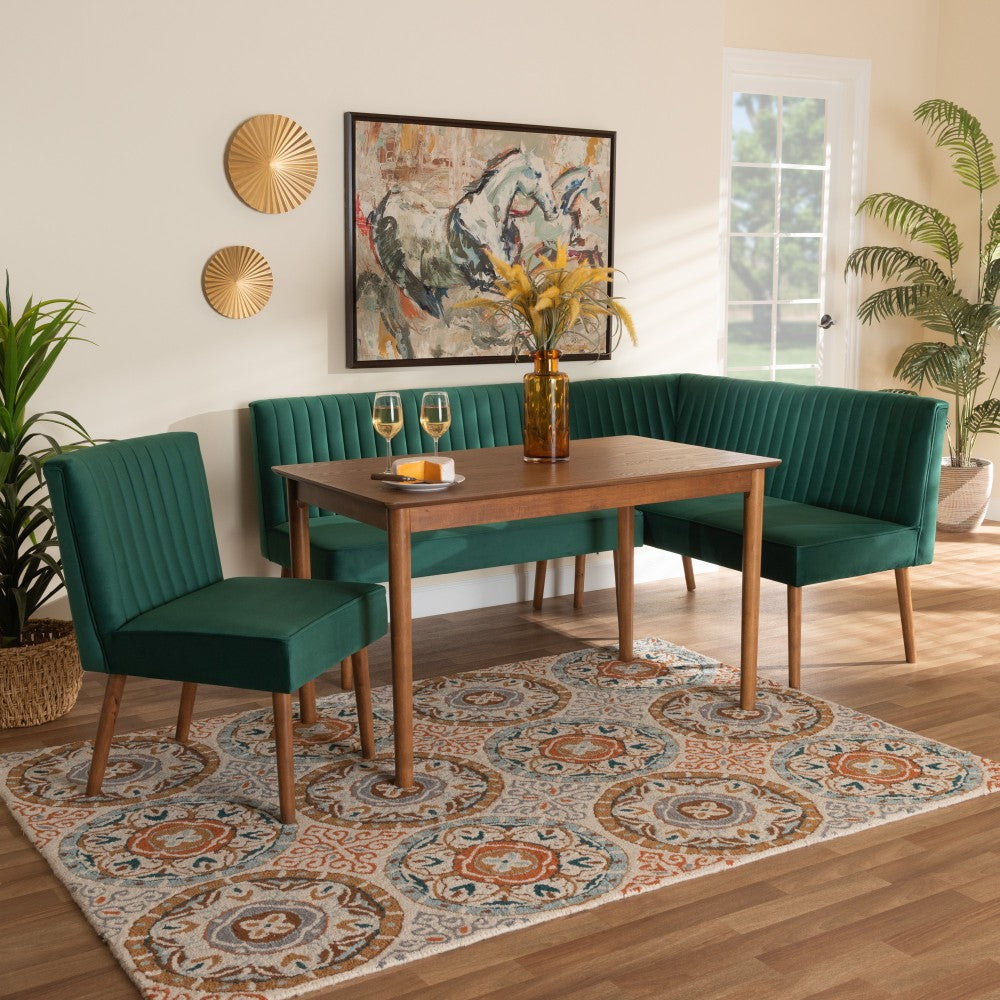 Baxton Studio Alvis 4-Piece Dining Nook Set, 27-3/4inH x 47-1/4inW x 27-1/2inD, Emerald Green/Walnut Brown