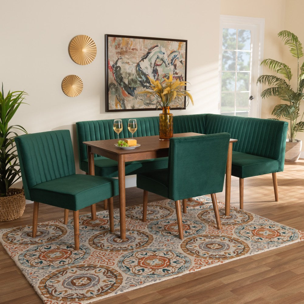 Baxton Studio Alvis 5-Piece Dining Nook Set, 27-3/4inH x 47-1/4inW x 27-1/2inD, Emerald Green/Walnut Brown