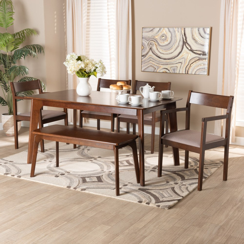 Baxton Studio Helene 6-Piece Dining Set, 29-15/16inH x 59-1/8inW x 35-7/16inD, Warm Gray/Dark Brown
