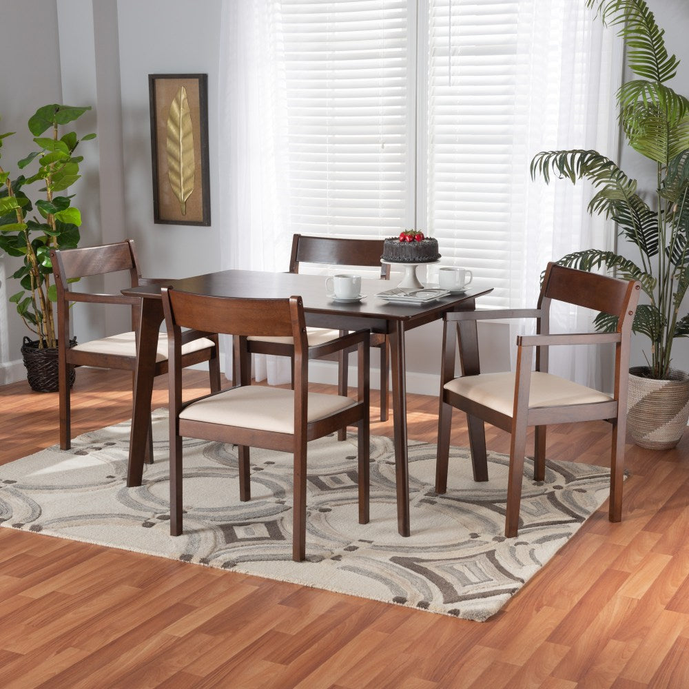 Baxton Studio Helene 5-Piece Dining Set, 29-15/16inH x 47-1/4inW x 29-1/2inD, Cream/Dark Brown