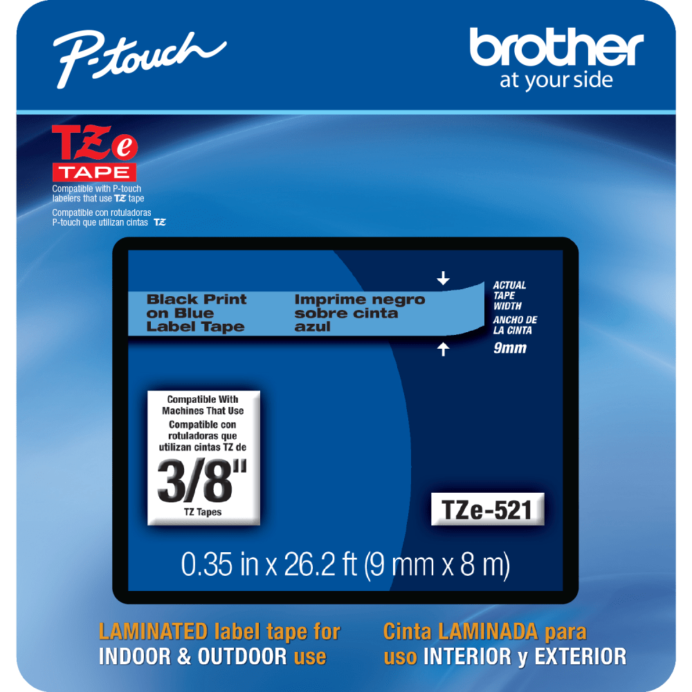 Brother TZE521CS Genuine P-Touch Laminated Label Tape, 3/8in x 26-1/4ft, Blue/Black