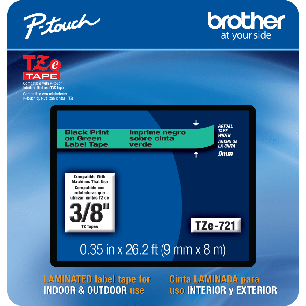 Brother TZE721CS Genuine P-Touch Laminated Label Tape, 3/8in x 26-1/4ft, Black/Green