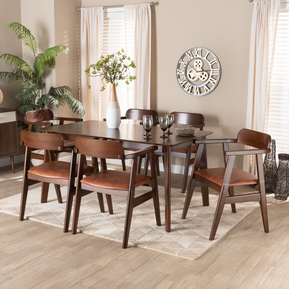 Baxton Studio Cleo 7-Piece Dining Set, 29-15/16inH x 59-1/8inW x 35-7/16inD, Light Brown/Dark Brown