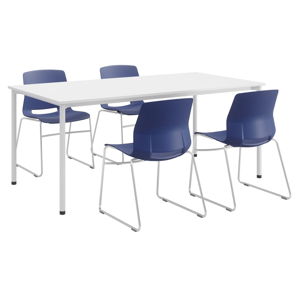 KFI Studios Dailey Table Set With 4 Sled Chairs, White Table/Navy/Silver Chairs