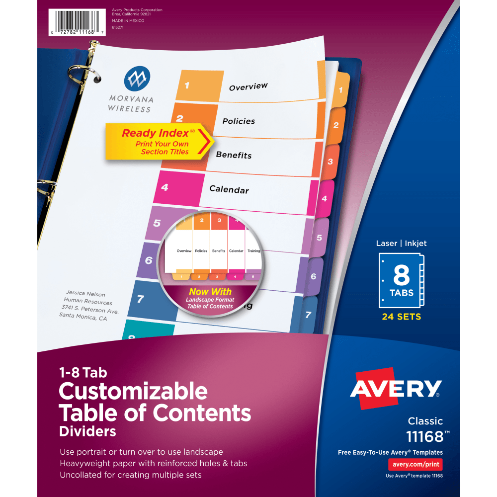Avery Ready Index 1-8 Tab Binder Dividers With Customizable Table Of Contents, 8-1/2in x 11in, 8 Tab, White/Multicolor, Box Of 24 Sets