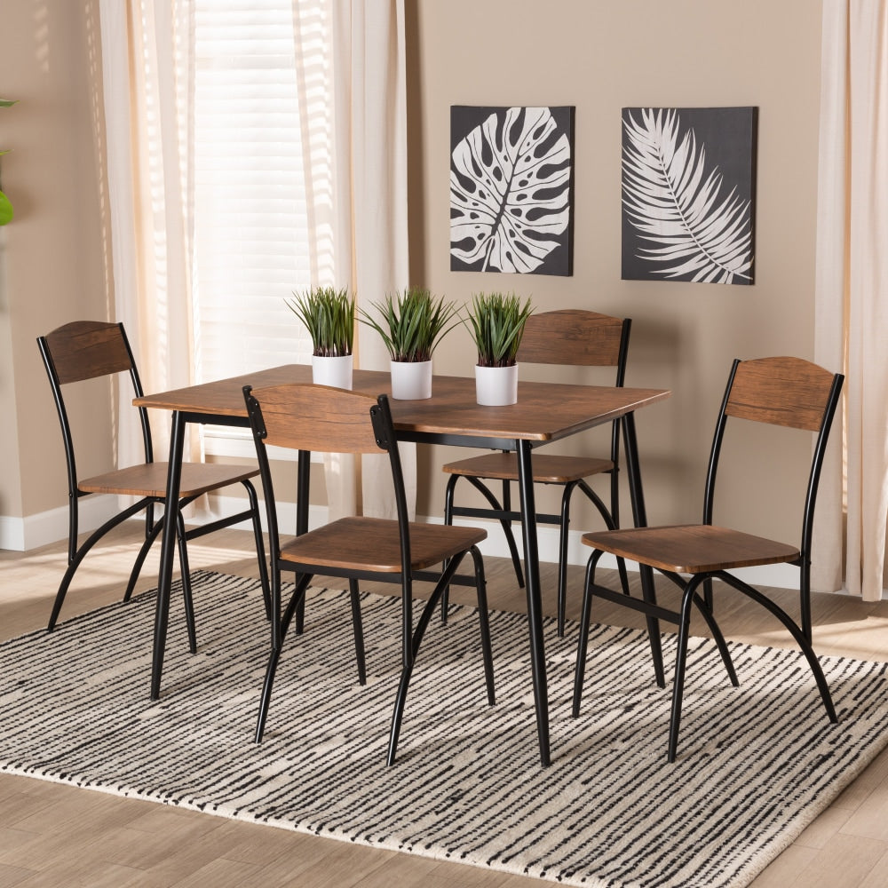 Baxton Studio Neona Finished Wood And Metal 5-Piece Dining Set, Walnut Brown/Black