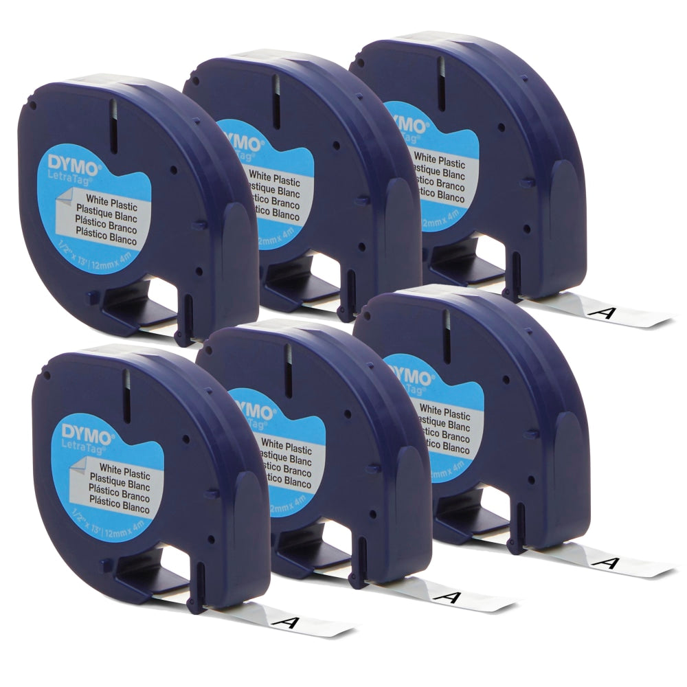 DYMO LetraTag Labelmaker Plastic Labeling Tape, 1/2in x 13ft, White, Pack Of 6 Rolls