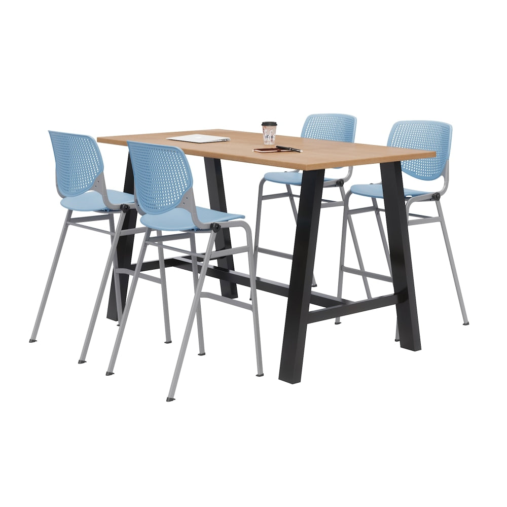 KFI Studios Midtown Bistro Table With 4 Stacking Chairs, 41inH x 36inW x 72inD, Kensington Maple/Sky Blue