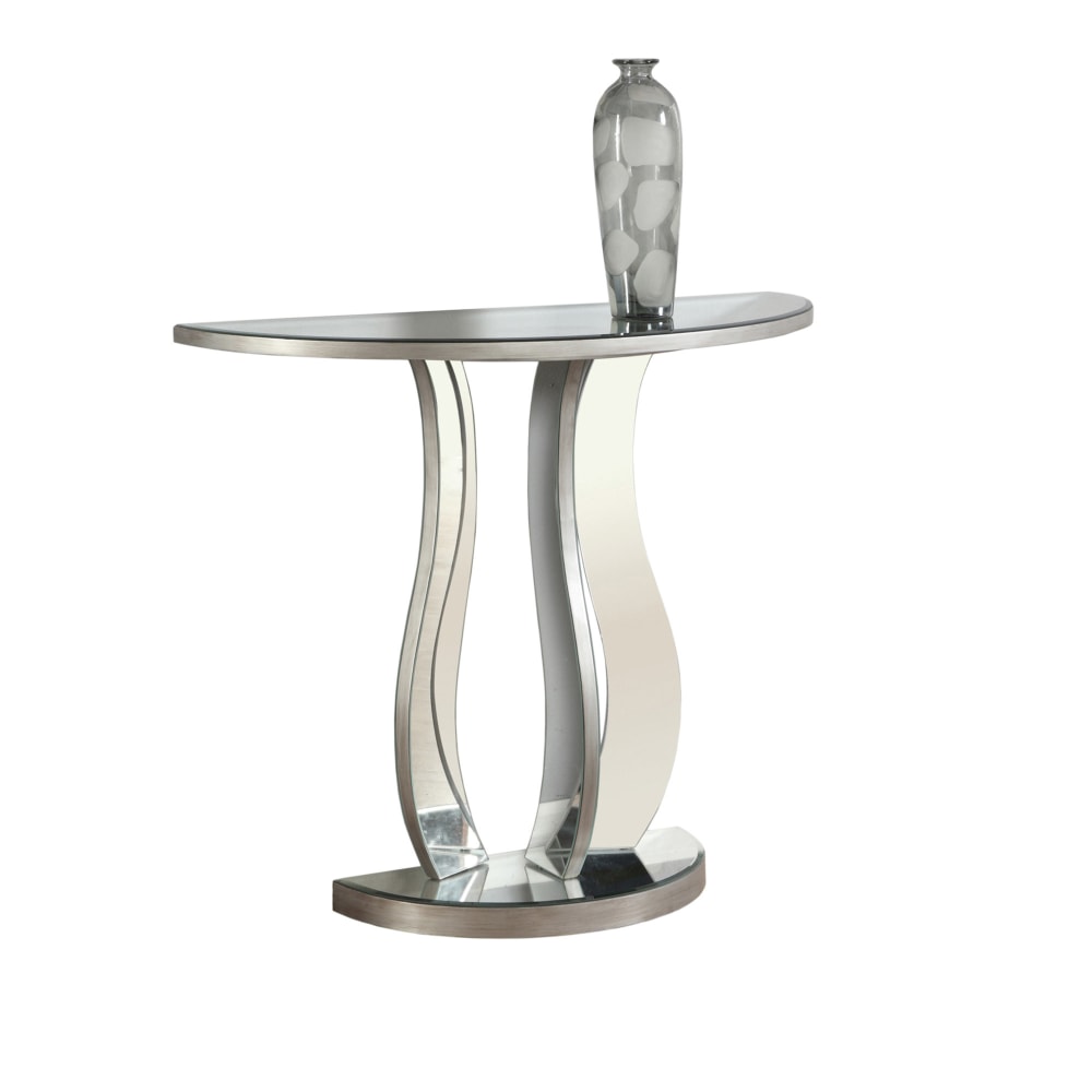 Monarch Specialties Remy Accent Table, 32-1/2inH x 36inW x 14-1/2inD, Brushed Silver