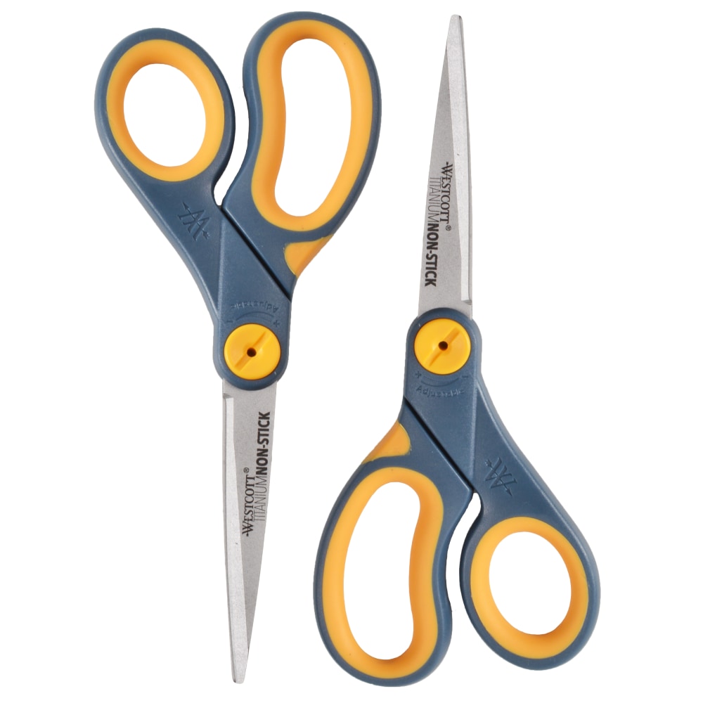 Westcott Titanium Bonded Non-Stick Scissors, 8in, Pointed, Gray/Yellow, Pack Of 2