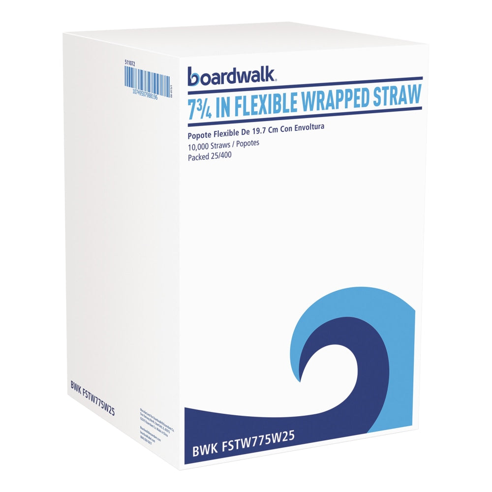 Boardwalk Flexible Wrapped Straws, 7-3/4in, White, 500 Straws Per Pack, Carton Of 20 Packs