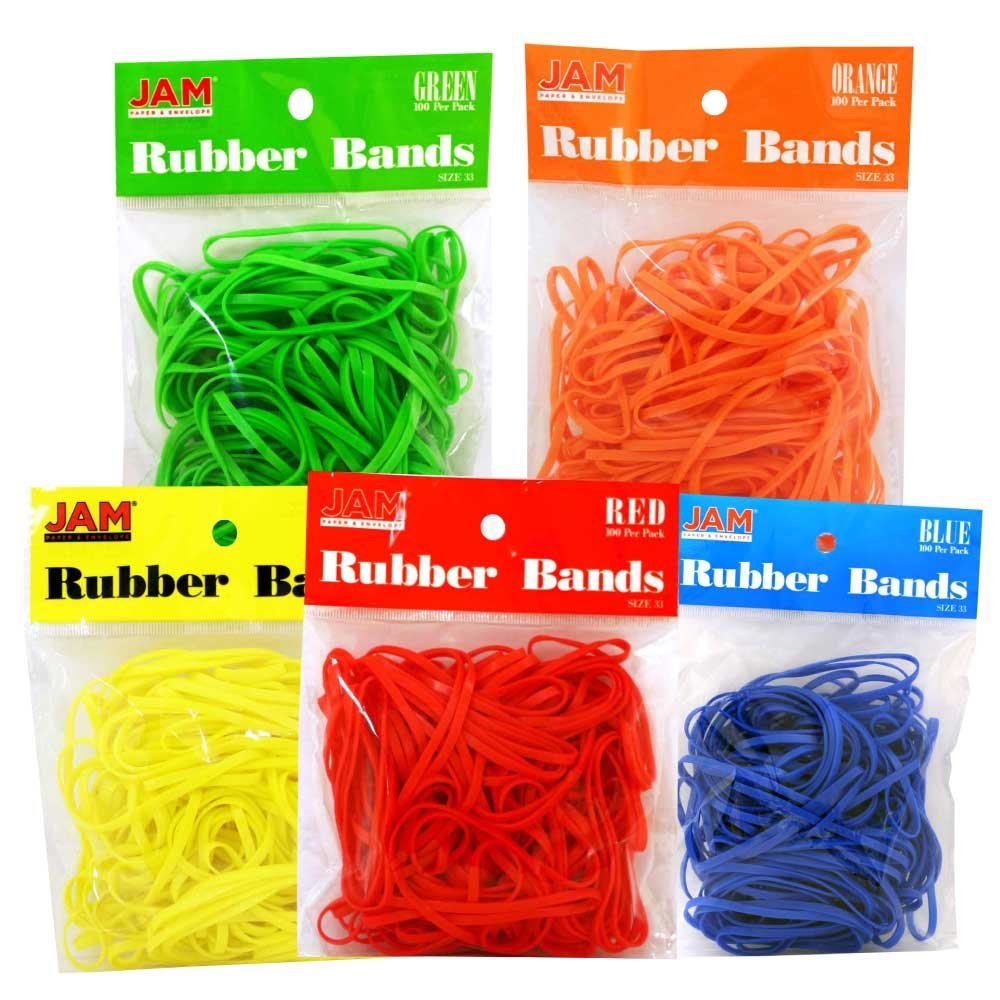 JAM Paper Rubber Bands, Size 33, Assorted Colors, 100 Rubber Bands Per Bag, Pack Of 5 Bags